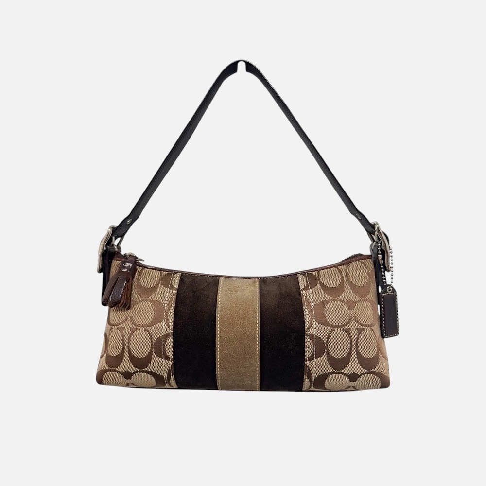 Coach Hamptons Suede Stripe Demi Baguette Khaki Brown‎ Canvas 8K09